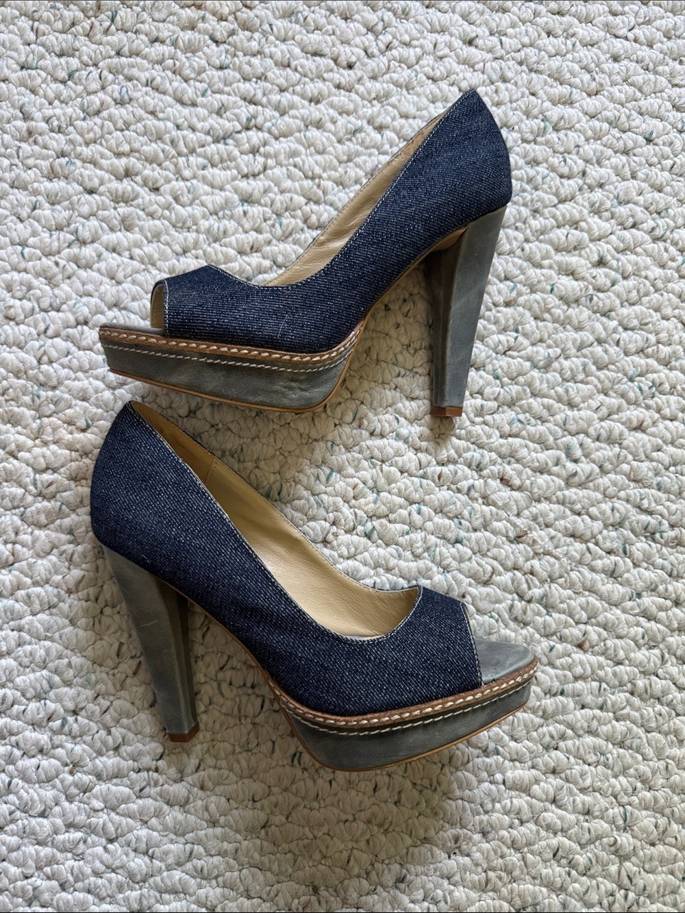 Paco Gil Denim Peep-Toe Platform Heels